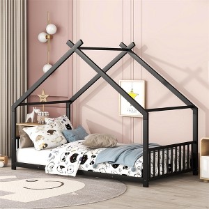 Twin Size House Bed, Metal Floor Bed Frame With Roof, House Shape Bed With Metal Slats Support For Teens Kids Boys Girls, No Box Spring Needed - 1 of 4