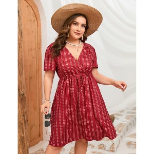 Women's Plus Size Dress Floral Short Sleeve A Line Wrap Drawstring Dress Flowy V Neck High Waist Midi Dress - 1 of 4