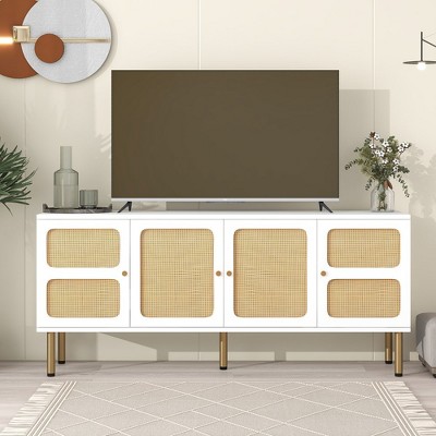 Country Style Design Side Board with Gold Metal Base Woven Media Console Table for TVs Up to 70'', Craftsmanship and Reliability for Everyday