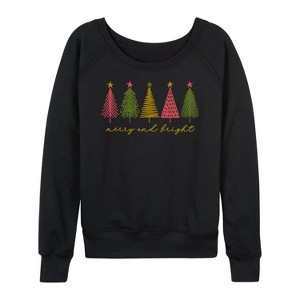 Women's - Instant Message - Merry And Bright Christmas Trees Lightweight French Terry Wide Neck Long Sleeve Graphic Shirt - 1 of 4
