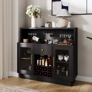 Rustic Modern Home Bar Cabinet with LED Lights & Glass Doors - Coffee & Wine Bar Station for Kitchen, Dining Room, Game Room Furniture - 1 of 4