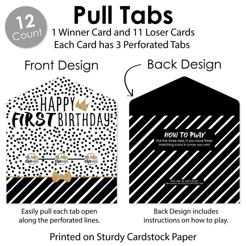Big Dot of Happiness 1st Birthday Little Mr. Onederful - Boy First Birthday Party Game Pickle Cards - Pull Tabs 3-in-a-Row - Set of 12, 5 of 7