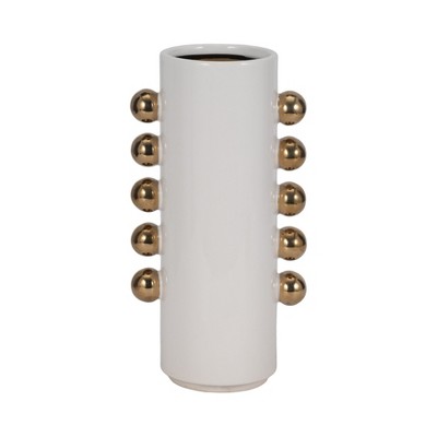 Modern Ceramic Vase with Metallic Accents - Home & Office Decor, Cylinder Shape, Decorative Centerpiece for Living Room, Bedroom - White & Gold