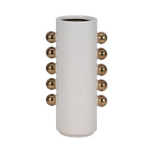 Modern Ceramic Vase with Metallic Accents - Home & Office Decor, Cylinder Shape, Decorative Centerpiece for Living Room, Bedroom - White & Gold - 1 of 4