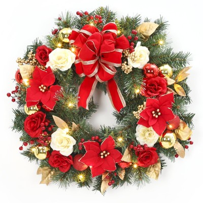Christmas Wreath for Front Door, 24 Inch Christmas Door Wreath with 20 LED Lights, Red Flowers, Ribbon Bow