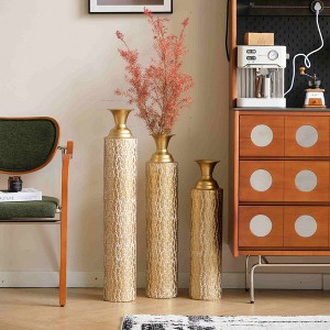 Angel Sar Set of 3 Gold Metal Vases with Vine Patterns, High Distress Metal Centerpiece Vases for Home Decor, 34", 29", 25" H Tall Floor Vases - 1 of 4