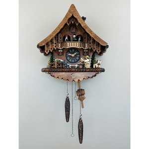 Quartz Cuckoo Clock – Cottage Design – 13-inch Height with Beer Drinker and Waterwheel – By River City Clocks - 1 of 4
