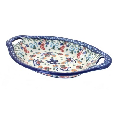 Blue Rose Polish Pottery Christmas Bounty Bread Tray with Handles