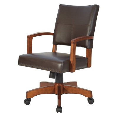 Espresso Leather Swivel Wood Banker Chair with Armrests