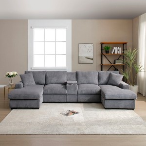 GDFStudio Rye Modern 126" 6-Seater U-Shaped Corduroy Upholstered Sectional Sofa with Console - 1 of 4