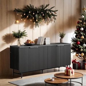 SAINTCY 68" Mid-Century Modern Fluted Sideboard Cabinet with 4 Doors, LED Lights, Adjustable Shelves – Wine/Coffee Bar & Dining/Living Room Storage - 1 of 4