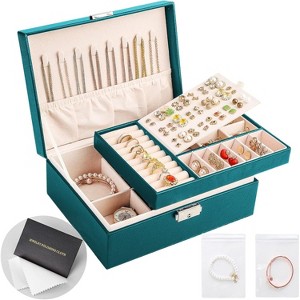 2-Layer Leather Jewelry Box with Lock, Travel Organizer with Removable Tray & Jewelry Bags - 1 of 4