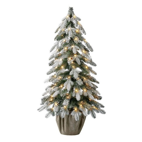 Evergreen Classics 3 Foot Entryway Flocked Fir Prelit Decorative Artificial Christmas Tree With Burlap Bag Potted Stand And Warm Fairy Lights : Target