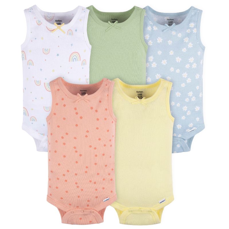 Gerber Baby Girls' Sleeveless Onesies® Bodysuits, 5-Pack, 1 of 7