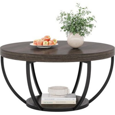Syemin End Tables Round Coffee Table, Rustic Gray Wooden 2-Tier Circle Coffee Table with Storage Shelves for Living Room, Gray, 31.5"*31.5"*17.72"