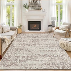 Neutral Area Rug 5x7 Washable, Soft Vintage Damask Distressed Large Bedroom Rug Foldable Indoor Floor Carpet, Boho Abstract Low Pile, Taupe - 1 of 4