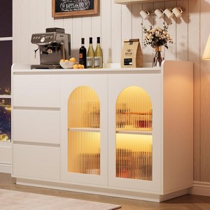 48" Modern Sideboard Buffet Cabinets with Glass Doors, 3 Led Lights and 3 Drawers, Coffee Bar Storage Cabinet for Kitchen, Dining Room - 1 of 4
