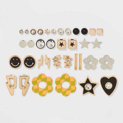 Star Smiley Face and Lightning Bolt Stud Earring Set 18ct - Wild Fable™ Gold