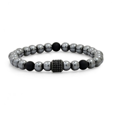 Steeltime Men's black lava, hematite, stainless steel and black crystal beaded stretch bracelet