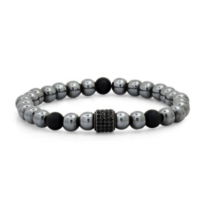Steeltime Men's black lava, hematite, stainless steel and black crystal beaded stretch bracelet - 1 of 4