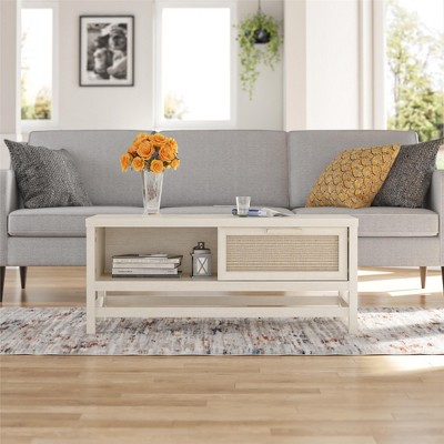 Boho-Chic Ivory Oak Rectangular Coffee Table with Faux Rattan Storage