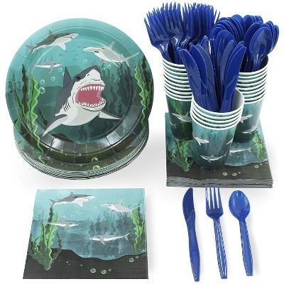 Juvale Shark Party Supplies, Disposable Dinnerware Set (Serves 24, 144 Pieces)