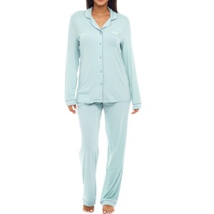 ADR Lightweight 100% Cotton Women's Pajama Set, Soft Knit Long Sleeve Button Down Top and Pants - 1 of 3