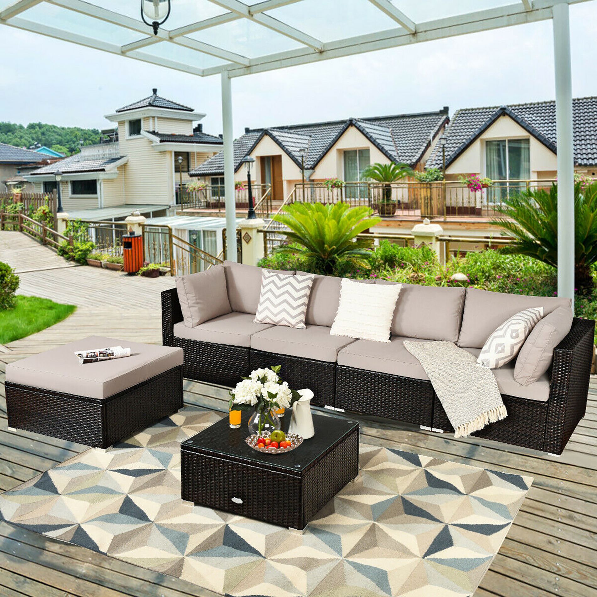 Costway 6PCS Outdoor Patio Rattan Furniture Set Cushioned Sectional Sofa Table Ottoman Beige