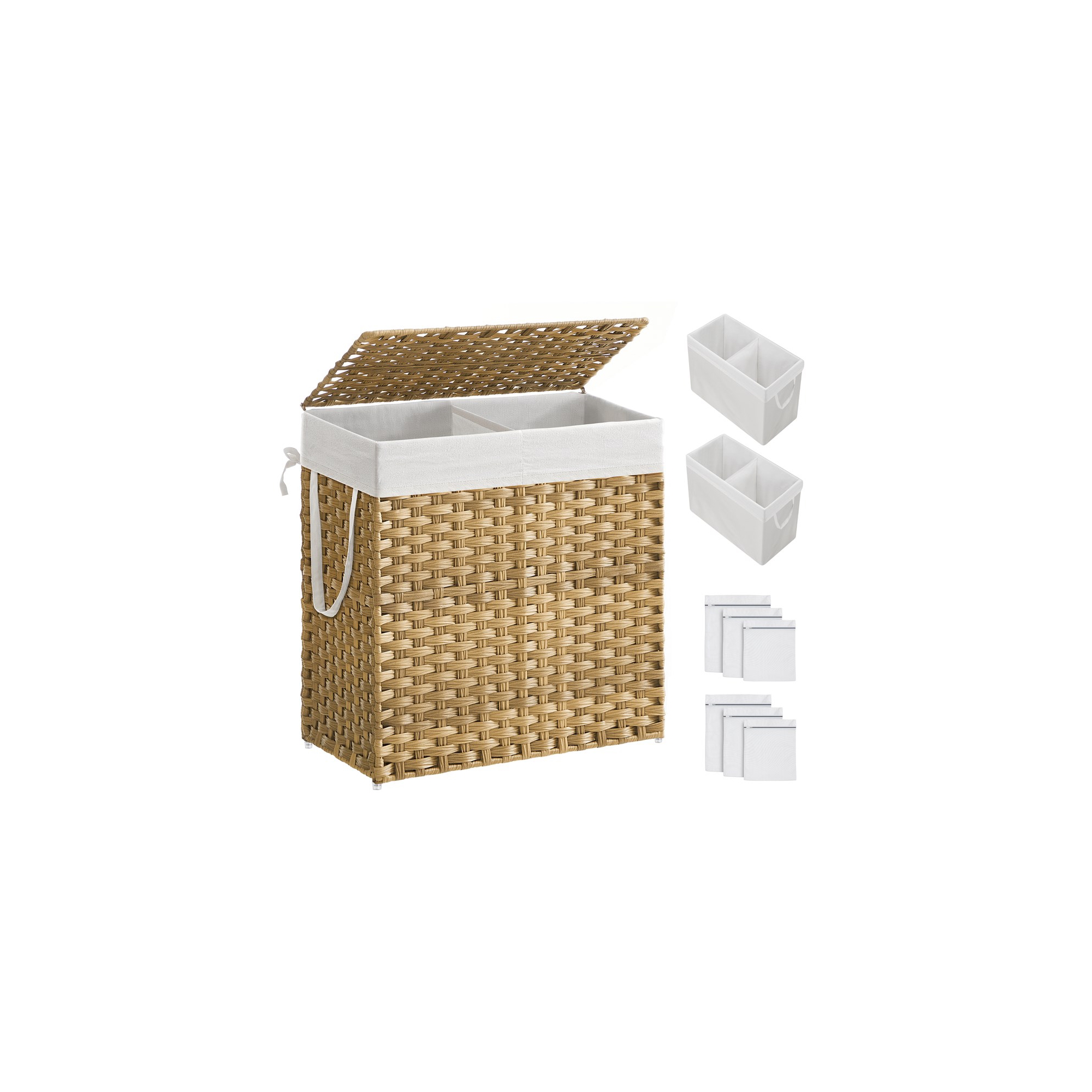 SONGMICS 110L Laundry Hamper with Lid Clothes Hamper with 2 Removable Liner Bags & 6 Mesh Bags Natural