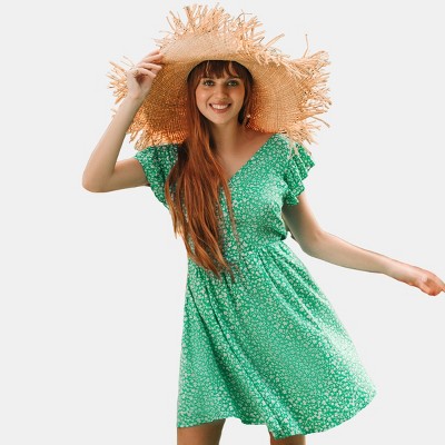 Women's Green Ditsy V-neck Flutter Sleeve Mini Dress - Cupshe : Target