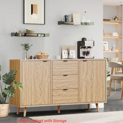 Buffet Cabinet w/ Storage, Farmhouse Credenza Storage Cabinet w/ 3 Drawers and 2 Doors, Coffee Bar Wine Bar Cabinets w/ Adjustable Shelves