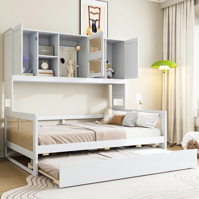 KIGFTSOD Wooden Daybed With Twin Size Trundle, and All-in-One Cabinet and Shelf