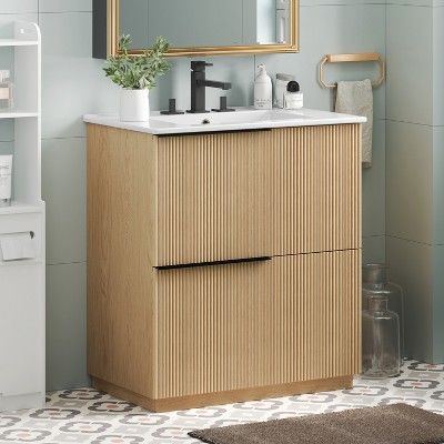 KWPZQEB 30" Modern Bathroom Vanity with Sink, Freestanding Vanity Cabinet with 2 Full-Extension Drawers & Fluted Design, Wooden Bath Vanity Sink Combo