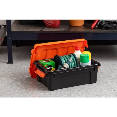 Heavy Duty Black and Orange Stackable Plastic Storage Bins with Lids