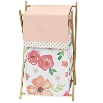 Sweet Jojo Designs Girl Laundry Hamper Watercolor Floral Peach Pink and Green