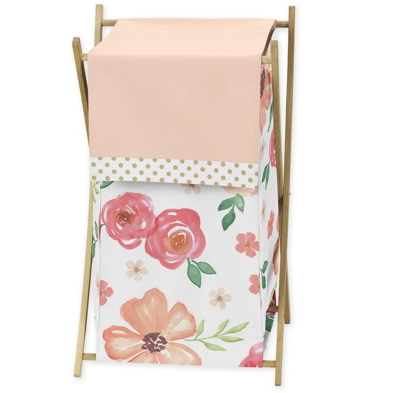 Sweet Jojo Designs Girl Laundry Hamper Watercolor Floral Peach Pink and Green, 1 of 7