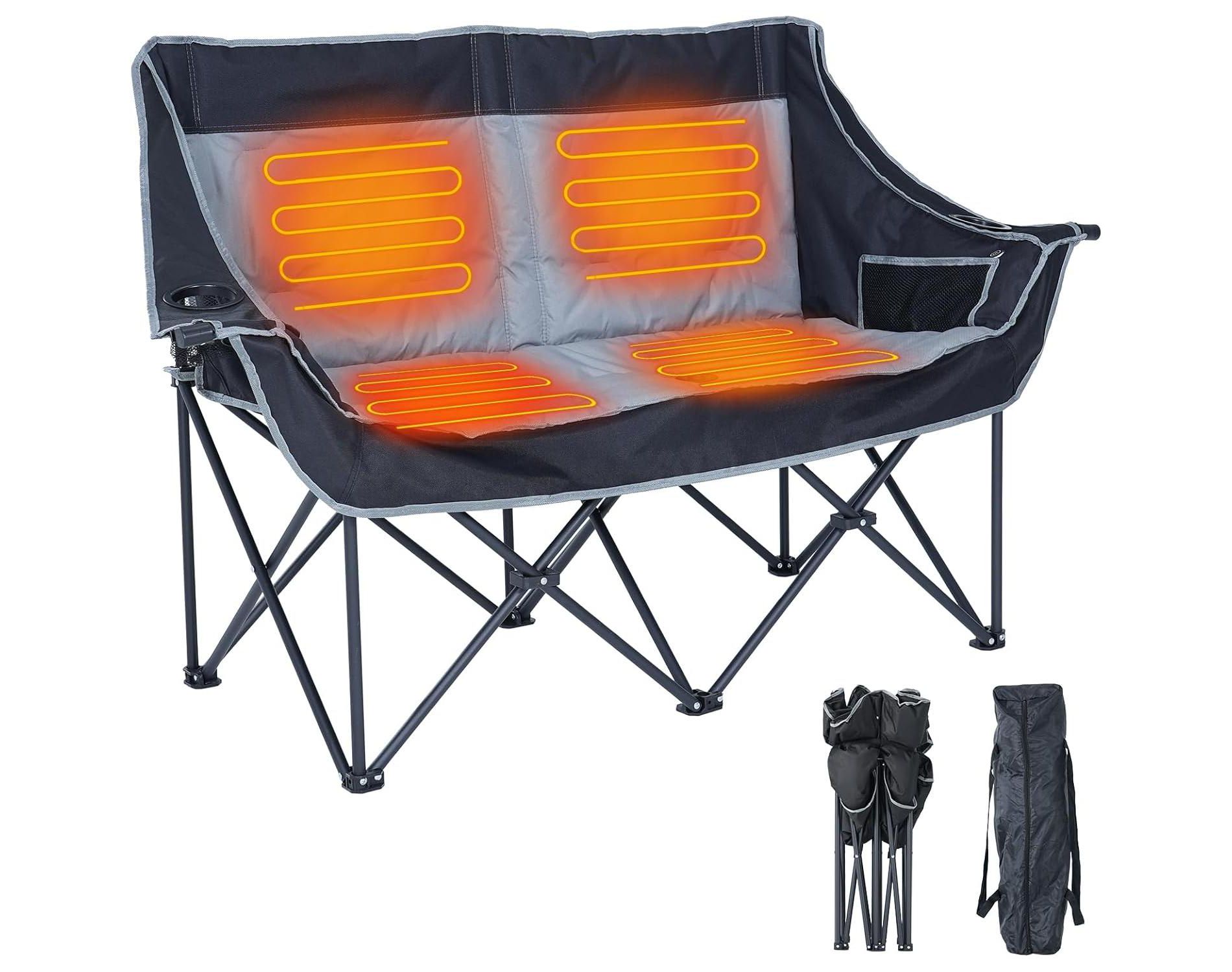 DoCred Heated Double Camping Chair, Oversized Loveseat, 2 Person Camping Chair for Adults Heavy Duty,Up to 500 LBS