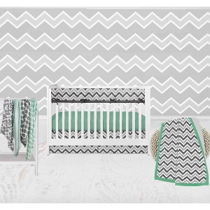 Bacati - Ikat Dots Stripes Mint Grey Muslin Neutral 8 pc Crib Set with Crib Rail Guard - 1 of 4