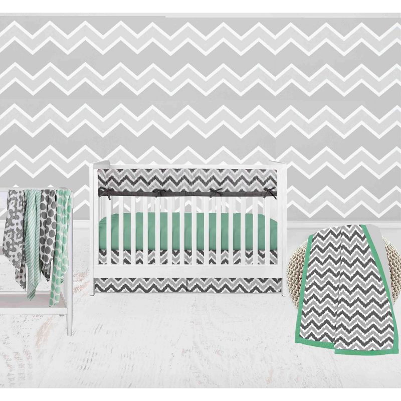 Bacati - Ikat Dots Stripes Mint Grey Muslin Neutral 8 pc Crib Set with Crib Rail Guard, 1 of 8