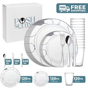 Posh Setting 840 Piece White And Silver Plastic Party Bundle - Marble (120 Settings) - 1 of 4