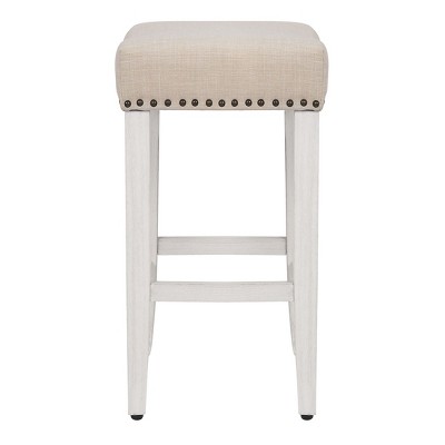 Beige Upholstered Wood Saddle-Style Counter Stool 24"