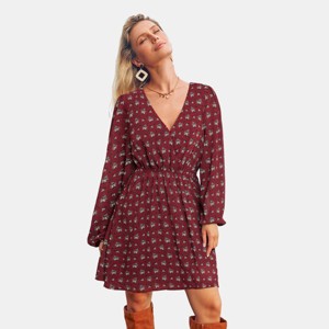 Women's Cranberry Plunging Neck Long Sleeve Mini Dress - Cupshe - 1 of 4