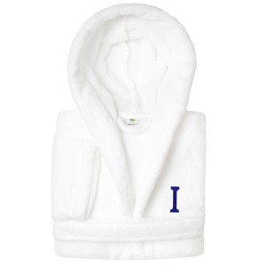 Personalized Linum Kids 100% Polyester SUPER PLUSH Double Brushed Hooded Bathrobe in Navy Bookman Font - 1 of 3