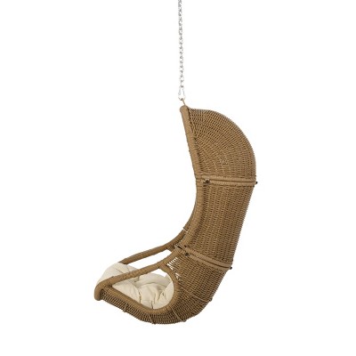 Light Brown and Beige Wicker Hanging Basket Chair with Cushions