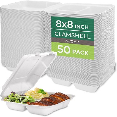 50-Pack 8x8" 3-Compartment Biodegradable Sugarcane Clamshell Food Containers