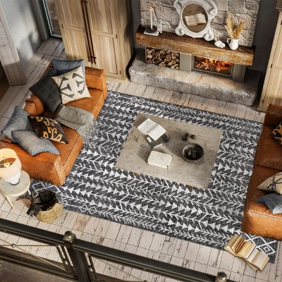 Black and Ivory Geometric Bohemian Indoor/Outdoor Rug
