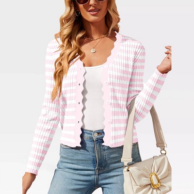 Women's Button Down Knit Striped Cardigan - Long Sleeve Crop Tops with Ribbed Textured Knit and Wavy Neckline, Slim Fit Shrugs