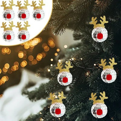 5PCS Disco Ball Christmas Ornaments, Reflective Mirror Elk Horn Hanging Balls for Xmas Tree Holiday Wedding Birthday Party Decor