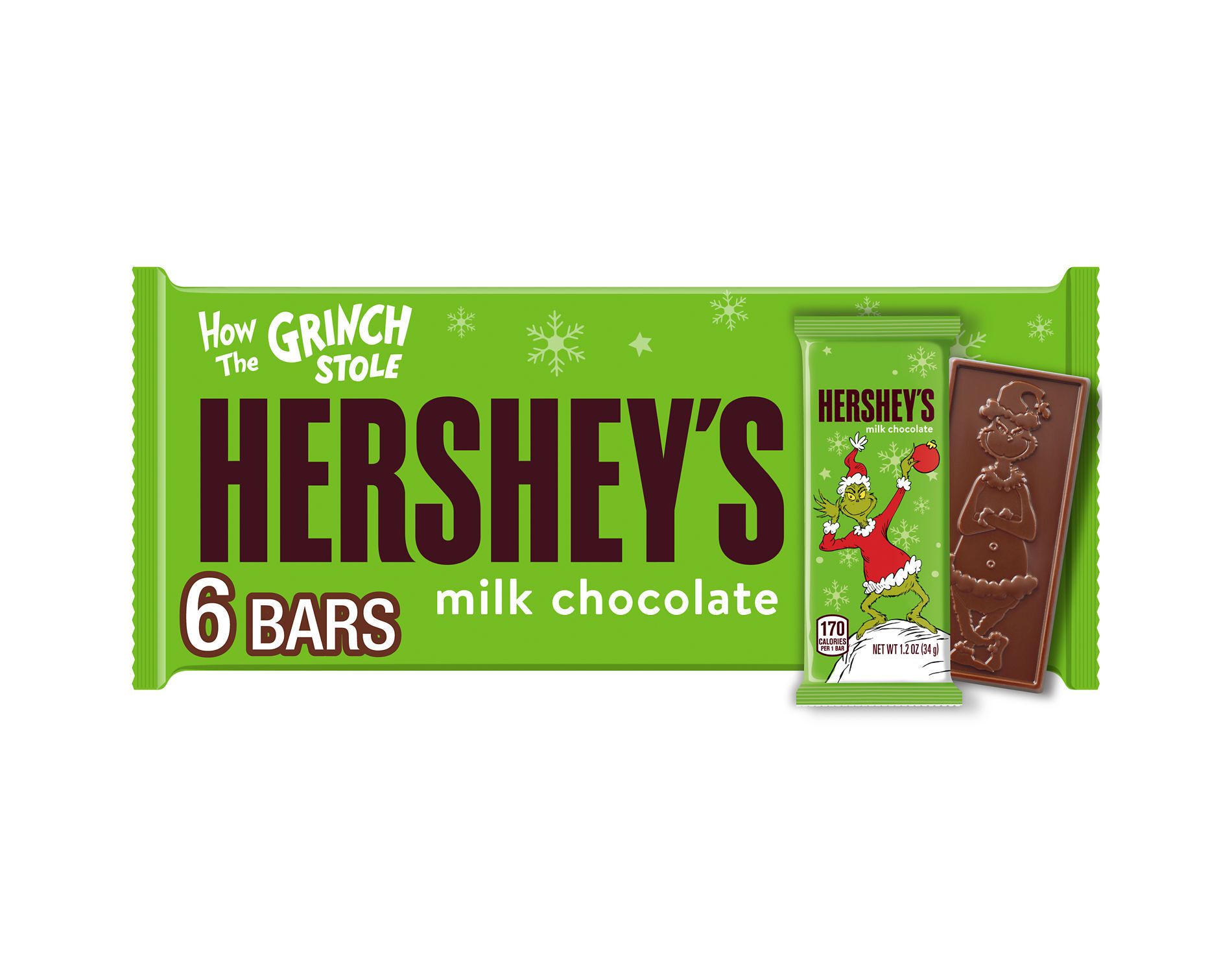 HERSHEY'S KISSES Grinch Embossed Holiday Milk Chocolate Standard Bars - 7.2oz/6pk