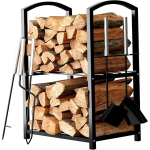 attop 2-Tier Firewood Holder with Fireplace Tools Set, Brush, Shovel, Poker, Tongs - 1 of 4